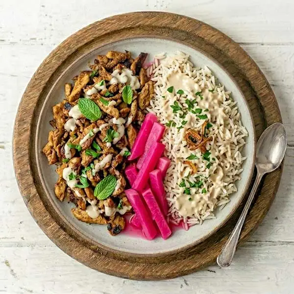 Beef Shawarma Bowl with Tahini Rice & Pickled Turnips